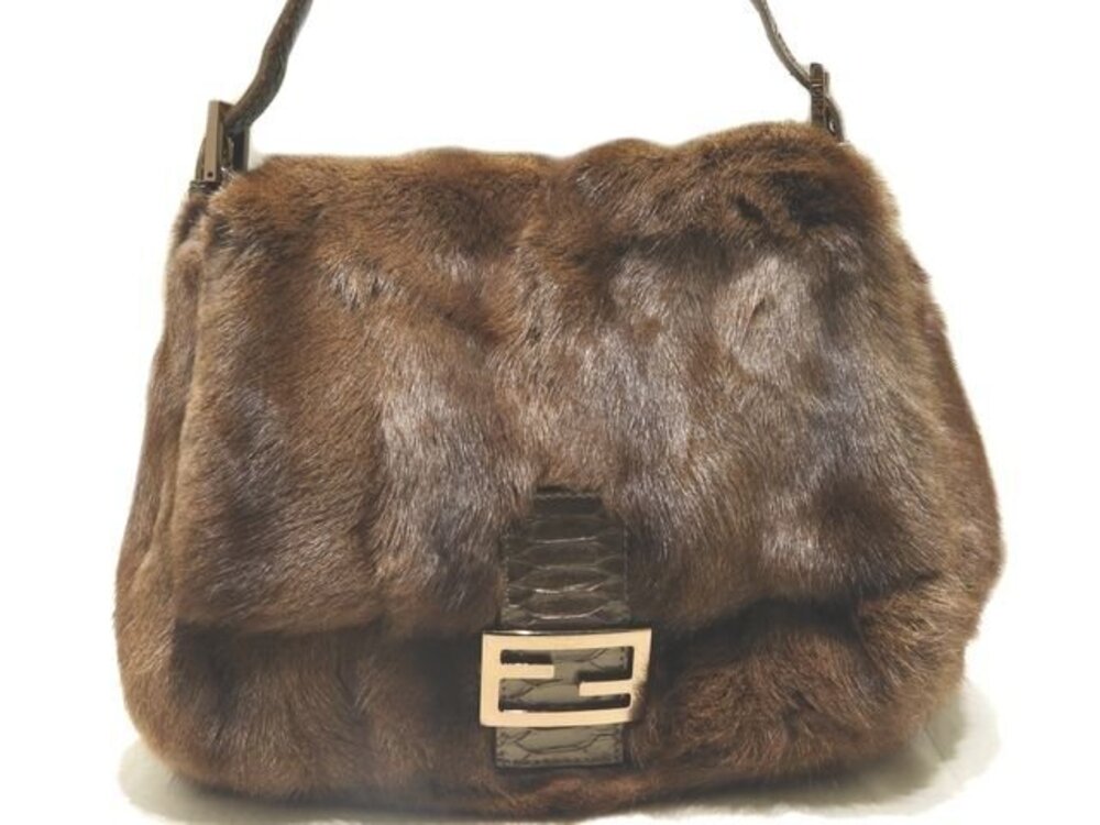 Fendi Mamma Bucket Hobo Shoulder Bag Fur Python One Handle Brown